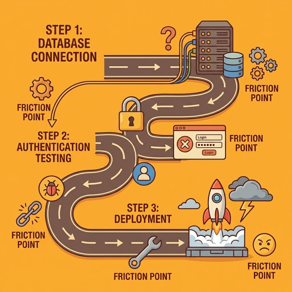 Three connected steps showing database connection, authentication testing, and deployment as key friction points